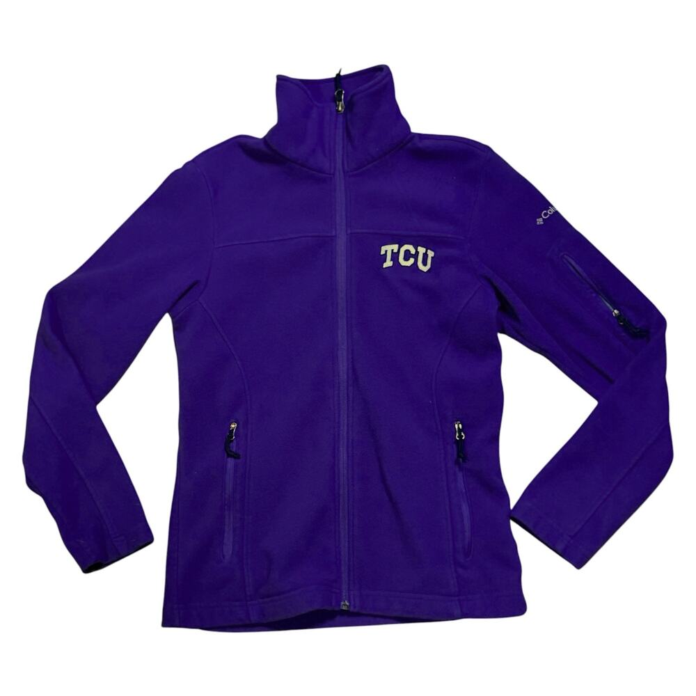 Columbia Fleece Jacket Womens Purple TCU Embroidered Full Zip Mock Neck Sz XS - Picture 2 of 9